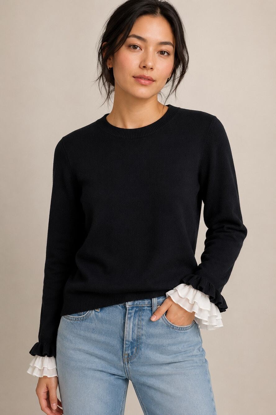 Club Monaco Merino Wool Ruffle Cuff Sweater – Black – Size Small